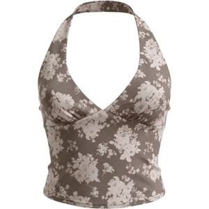 7DAY WKND Brown Floral Ruched‎ Bust V-Neck Halter Top Y2K Coquette Fairycore M